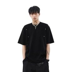 批发国潮美式解构铆钉褶皱短袖男女T恤夏季重磅<b class='q'>嘻哈</b>潮牌休闲半袖上衣