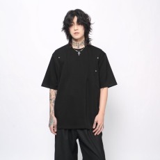 批发国潮美式解构铆钉褶皱短袖男女T恤夏季重磅<b class='q'>嘻哈</b>潮牌休闲半袖上衣