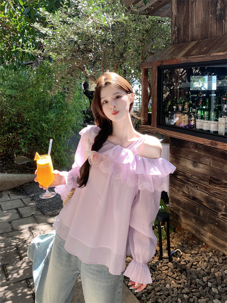 실사 2026 새로운 프랑스식 부드러운 부서 비스듬한 어깨 레이스 프릴 다용도 맨위 여성 긴 소매 품격 작은 셔츠