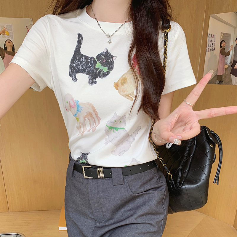 MY2558# 卡通印花正肩短袖t恤女夏新款美式半袖体恤短款上衣女裝貨源服裝批發