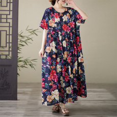 批发实拍 有货 外贸简约时尚长裙夏季新款加肥<b class='q'>加大</b>短袖圆领印花连衣裙