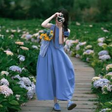 批发气质蓝色<b class='q'>背心</b>连衣裙女夏季新款设计感收腰显瘦a字<b class='q'>长裙</b>