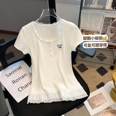 批发实拍夏装新款蕾丝荷叶边短袖<b class='q'>t</b><b class='q'>恤</b>修身褶皱打底衫气质百搭上衣
