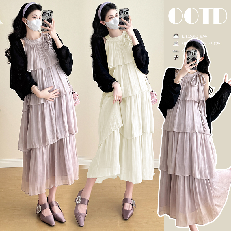 실사 지금 출산 착용 2026 봄 새로운 게으른 바람 케이크 드레스 임산부 투피스 세트 새 봄 세트