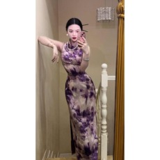 批发年会结婚订婚新中式复古<b class='q'>连衣裙</b>改良旗袍紫色修身显瘦