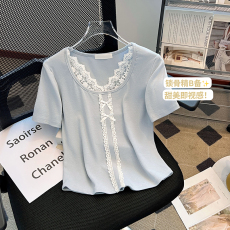 批发实拍绝美蕾丝拼接短袖<b class='q'>t</b><b class='q'>恤</b>夏季新款小众上衣u领修身打底小衫