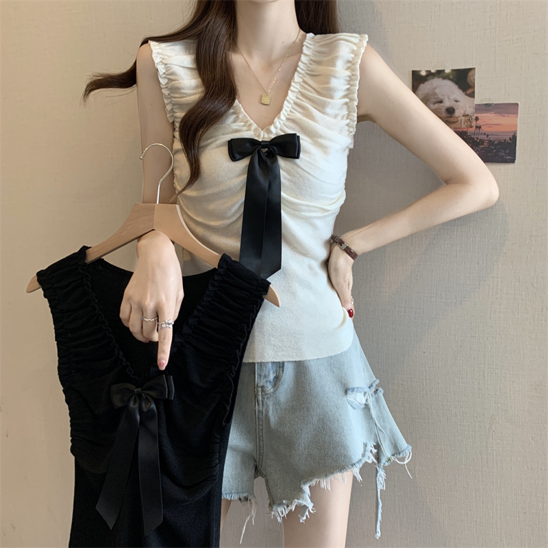 MY2669# 新款纯欲蝴蝶结针织背心女夏季独特褶皱V领别致无袖上衣女裝貨源服裝批發