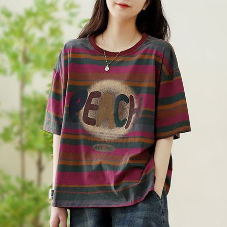 MY16954# 复古文艺夏新款胖mm大码条纹短袖T恤女炒色做旧印花纯棉上...