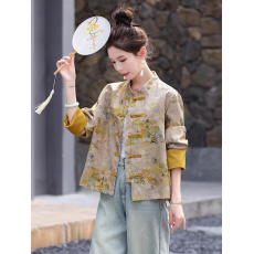 批发交织纱印花新中式超火唐装短<b class='q'>外套</b>女2026年秋款文艺国风盘扣上衣女