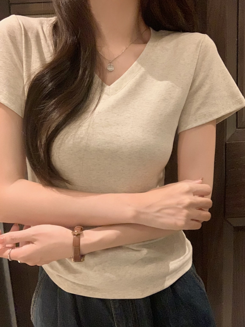 RY344# 实拍   夏季韩版纯棉百搭纯色打底衫女新款V领短袖T恤女