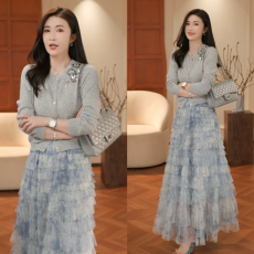 轻奢气场强大女装设计感针织开衫百搭蛋糕半身裙套装女洋气衣服女