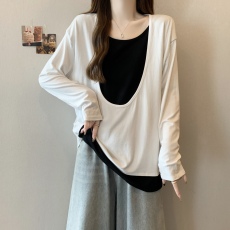 批发实拍~大码新款大U领假两件宽松百搭遮肉显瘦长袖T恤上衣