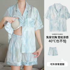 批发黛琳芬-8款带胸垫冰丝短袖短裤女士<b class='q'>睡衣</b><b class='q'>套装</b>夏天仿真韩系家居服