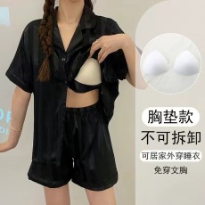 批发黛琳芬-8款带胸垫冰丝短袖短裤女士<b class='q'>睡衣</b><b class='q'>套装</b>夏天仿真韩系家居服