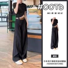 批发高级感休闲西装阔腿裤女2025秋季新款高腰垂感显瘦直筒拖地长裤子