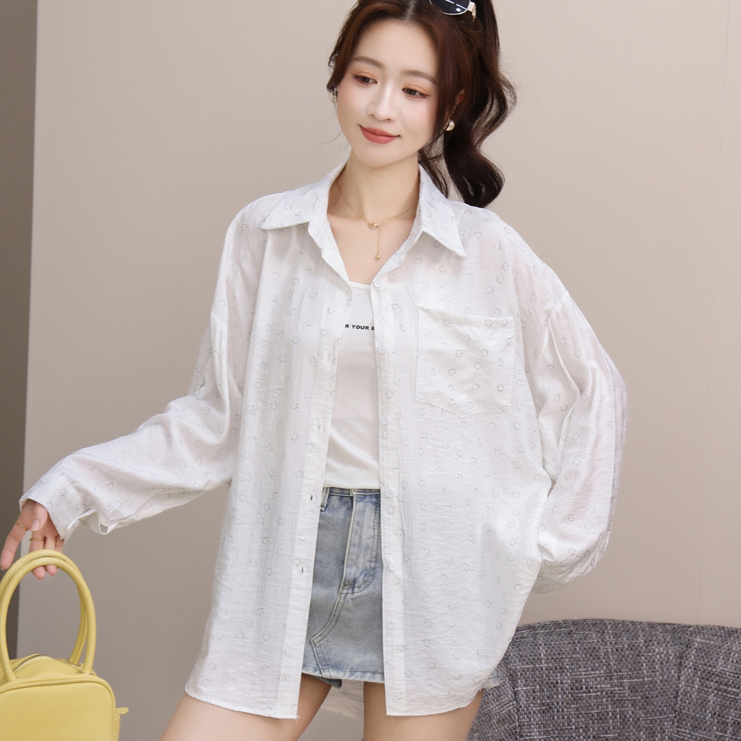 MY16773# 韩版夏季笑脸烫金工艺印花衬衫原宿风休闲防晒衣女外套衬衣女裝貨源服裝批發