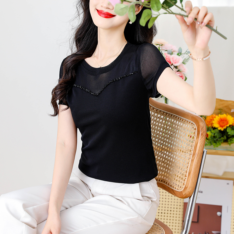 MY6960# 夏季新款圆领钉珠双层网纱内搭洋气修身打底衫女女裝貨源服裝批發