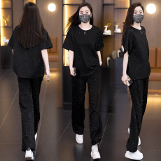 批发2026夏季时尚烫钻短袖遮肚显瘦大码套装胖MM高级感设计气质两件套