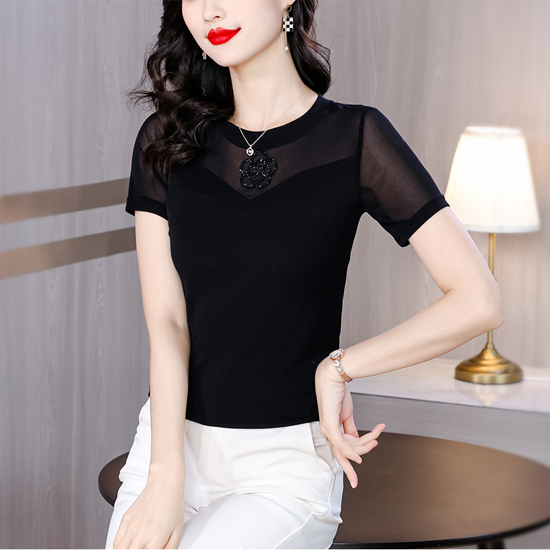 MY6957# 夏季新款圆领烫钻双层网纱内搭洋气修身打底衫女女裝貨源服裝批發