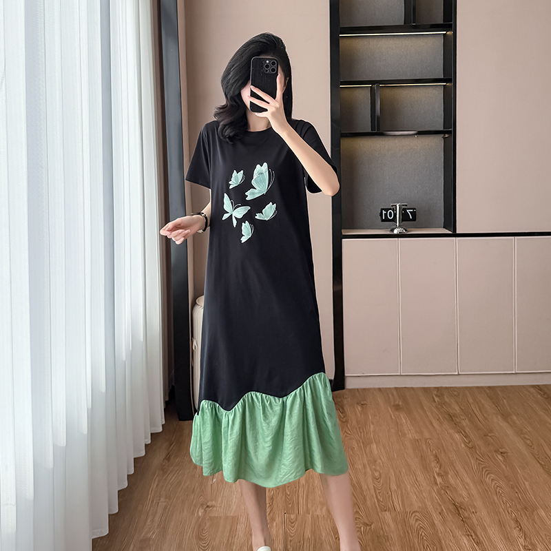 MY3801# 大码女装夏季新款撞色拼接不规则假两件过膝宽松连衣裙女裝貨源服裝批發