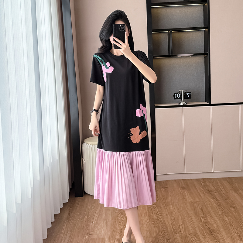 MY3793# 大码女装夏季新款甜美印花宽松遮肚撞色拼接不规则中长裙女裝貨源服裝批發