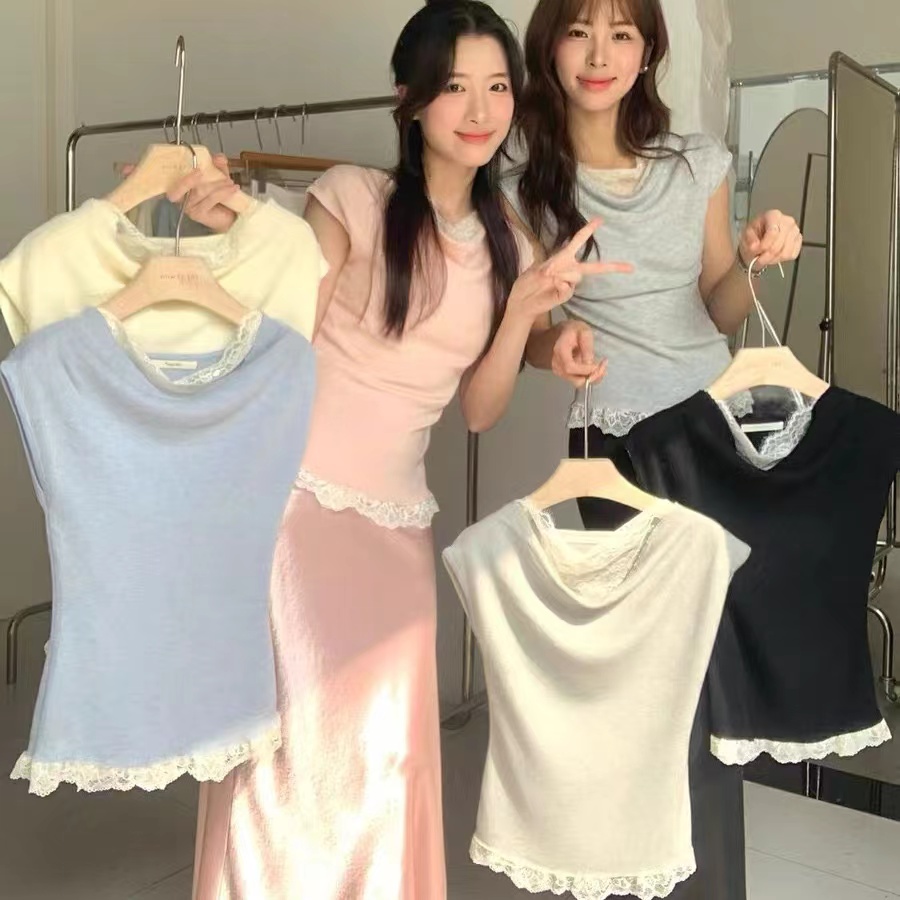 한 부서 chic Chic 착용 가져 가라. 부드러운 바람 패치워크 레이스 니트 조끼 디자인 센스 흔들다 칼라 페이크 레이어드 맨위 여성