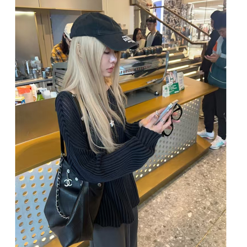 한 부서 ski bytannin 치투 삼색 구덩이 기사 마이크로 시스루 느긋한 스웨터 루즈핏 슬림해 보이는 홀로우 아웃 맨위
