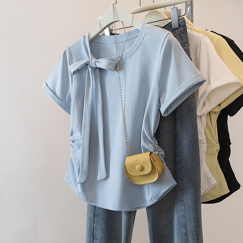 FA20797# 大码女装夏季新款设计感蝴蝶结修身短袖上衣 服裝批發女裝批發服飾貨源