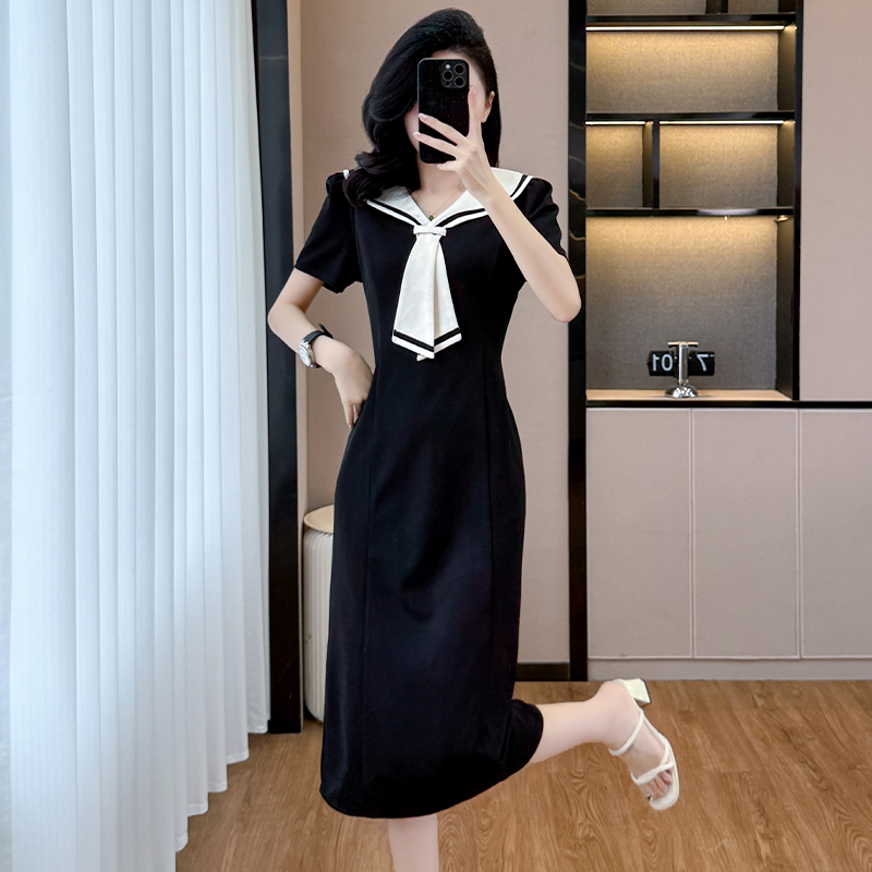 RY905# 实拍大码女装2026夏季新款学院风海军领减龄显瘦中长款连衣裙...