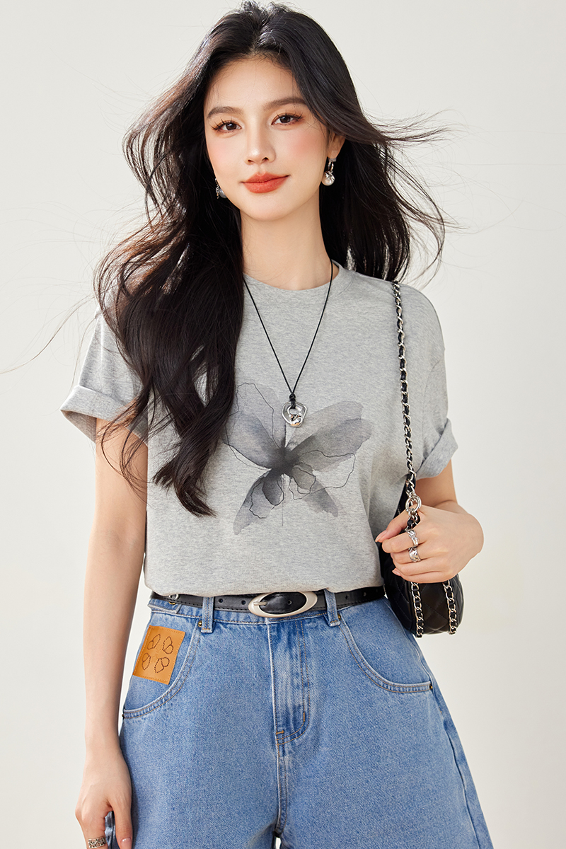 MY2658# 新款灰色印花设计感T恤女休闲宽松百搭圆领短袖上衣女裝貨源服裝批發