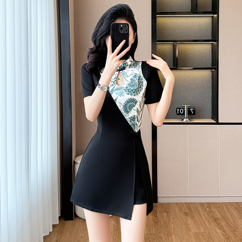 MY2692# 夏季新中式改良旗袍套装裙国风拼接小黑裙短裤两件套女裝貨源服...