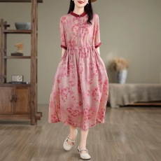 批发2026夏季新品小翻领<b class='q'>高腰</b>系带a字裙中长款裙复古印花纯棉<b class='q'>连衣裙</b>女