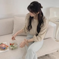 批发外贸捡漏撤柜品牌清仓折扣女装格子<b class='q'>衬衫</b>长袖上衣圆领百搭气质<b class='q'>衬衣</b>