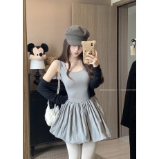 批发实拍~芭蕾少女花苞裙小个子显瘦U领无袖<b class='q'>背心</b>蓬蓬连衣裙女