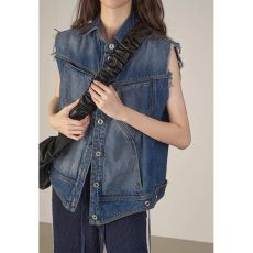 批发水洗做旧牛仔蓝马甲酷GIRL2025春夏复古美式马夹毛边宽松无袖外套