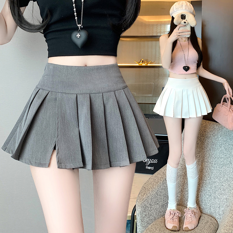 실사 봄 여름 새로운 하이웨이스트 트임 플리츠 스커트 여성 섹시함 핫걸 노출 방지 초단 스커트 한 마디 반신 스커트