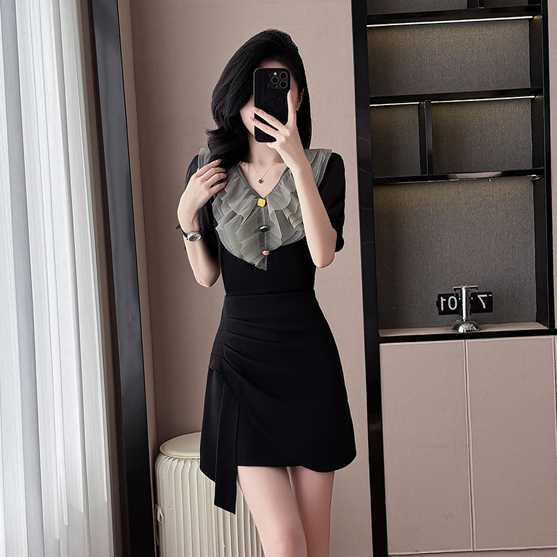 MY8608# 新款荷叶边V领短袖连衣裙女 时尚不规则裙摆设计感显瘦小黑裙女裝貨源服裝批發