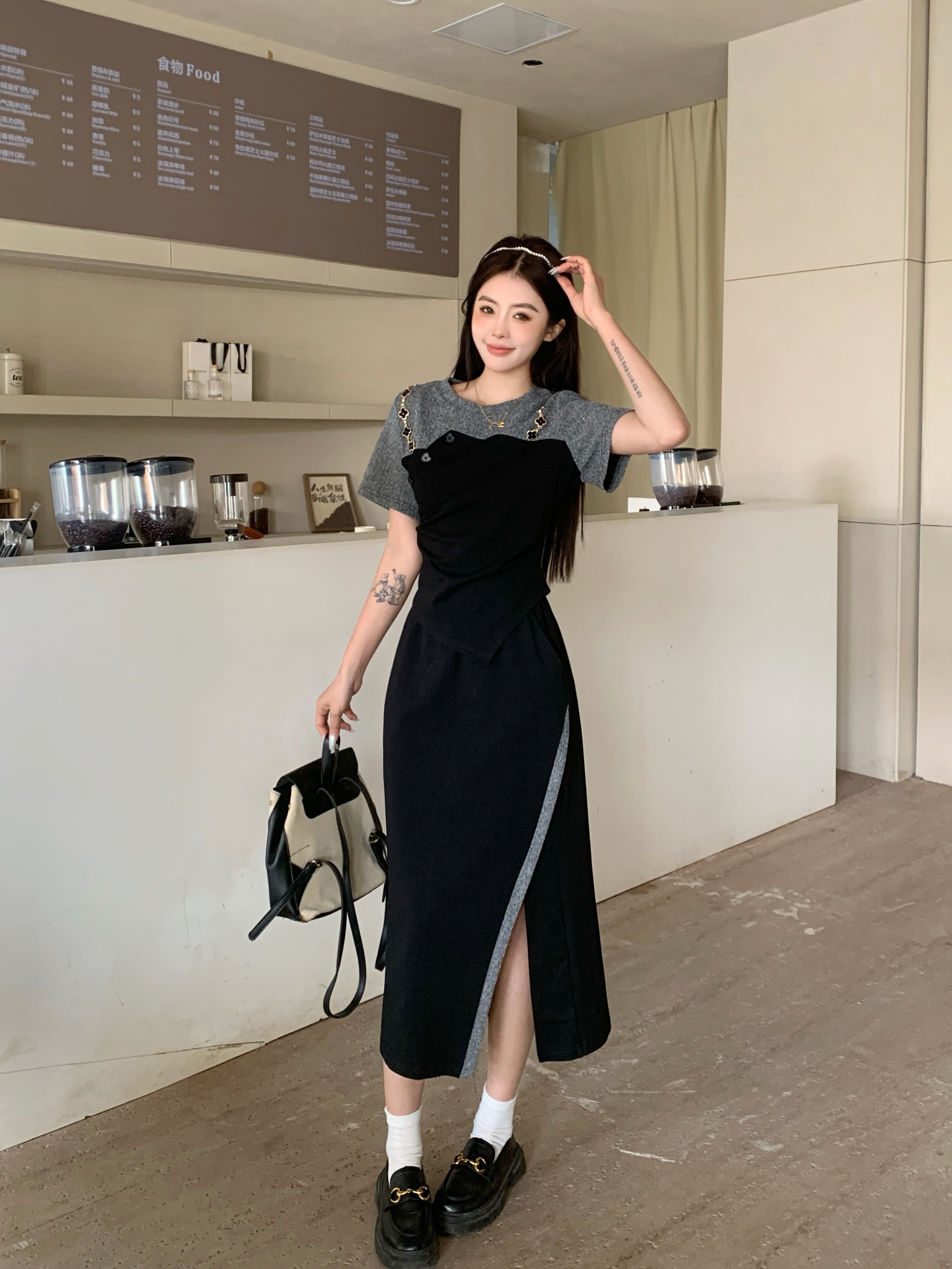 MY7453# 新款夏款大码女装时尚设计高级感拼接显瘦气质套装女裝貨源服裝...