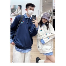 批发340克足磅华棉复合全刺绣格子拼接假两件卫衣设计感小众情侣