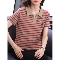 批发纯棉2026夏季洋气减龄polo翻领短袖女士新款时髦撞色条纹显瘦上衣