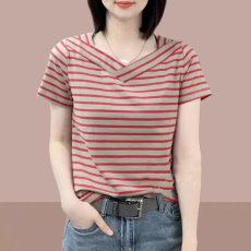 批发纯棉夏季时尚休闲易搭V领条纹款短袖新款洋气减龄百搭遮肉显瘦T恤