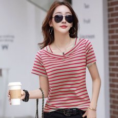 批发纯棉夏季时尚休闲易搭V领条纹款短袖新款洋气减龄百搭遮肉显瘦T恤