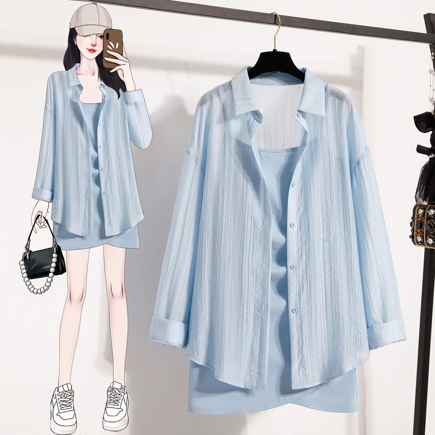 FA13878# 大码女装夏季新款防晒百搭衬衫收腰显瘦吊带裙套装 服裝批發女裝批發服飾貨源