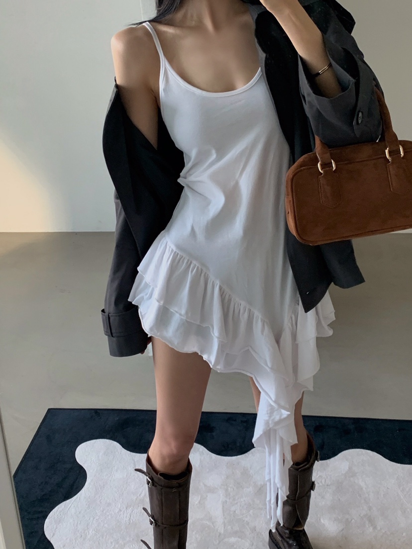 재고 있음 chic 한국 우아함 달콤함 프릴 불규칙 밑단 캐미솔 여성 드레스