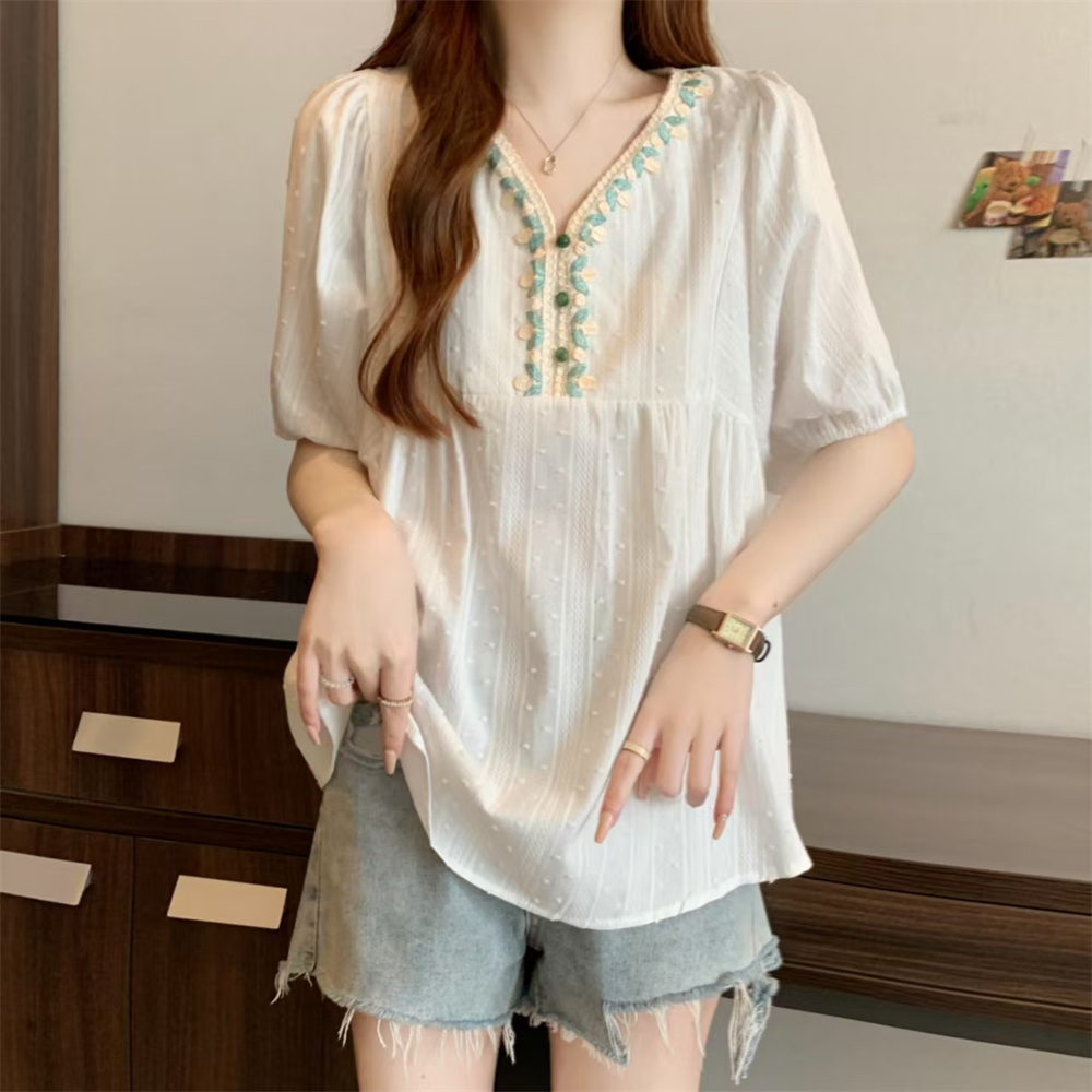 RY2186# 实拍～夏胖mm小众重工刺绣V领上衣棉麻宽松显瘦短袖别致衬衫