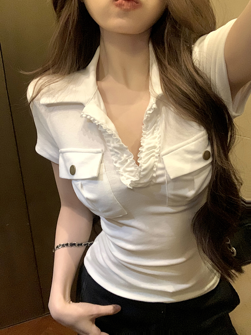 FA25874# 衬衫式V领口袋T恤女春夏季性感薄款设计感修身短袖上衣 服裝批發女裝批發服飾貨源