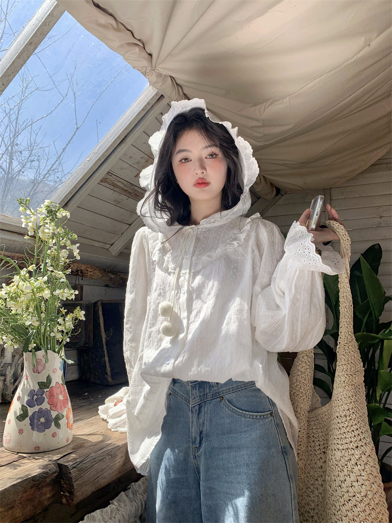 실사 새로운 한 부서 달콤함 연령 감소 레이스 프릴 후드 레이스업 루즈핏 인형 긴팔 셔츠