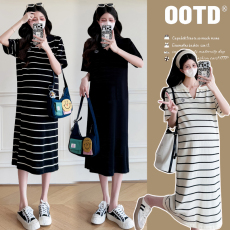 批发实拍 孕妇夏季新款<b class='q'>连衣裙</b>POLO领条纹时尚孕妇装洋气时髦<b class='q'>夏装</b>t恤裙