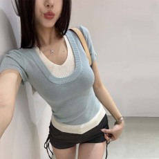 批发欧<b class='q'>若</b>风纯欲穿搭甜美辣妹撞色拼接短袖针织衫显瘦收腰上衣韩版洋气