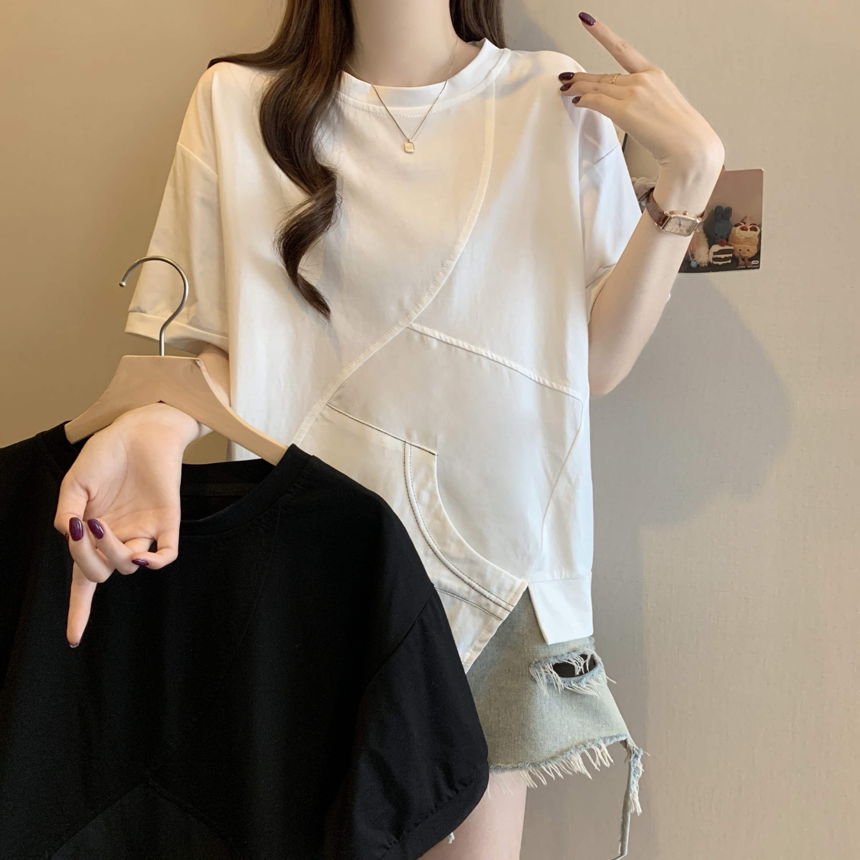 MY2695# 夏季新款大码胖MM时尚款圆领宽松短袖T恤潮流个性百搭上衣女裝貨源服裝批發